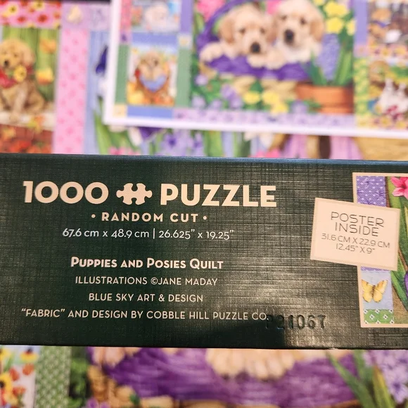 COBBLE HILL 1000-PIECE JIGSAW PUZZLE PUPPIES AND POSIES QUILT W/POSTER COMPLETE - Picture 4 of 4